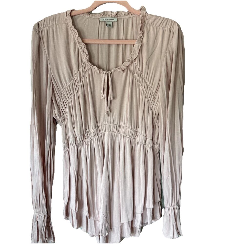 Boston Proper Soft Pink Boho Peasant Top Ruffled Neckline + Smocked Details Sz L